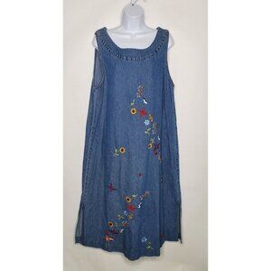 Agapo Collection Womens Denim Floral Midi Embroidered Dress Size XL Grannycore